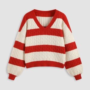 Striped V-neck cable knit sweater